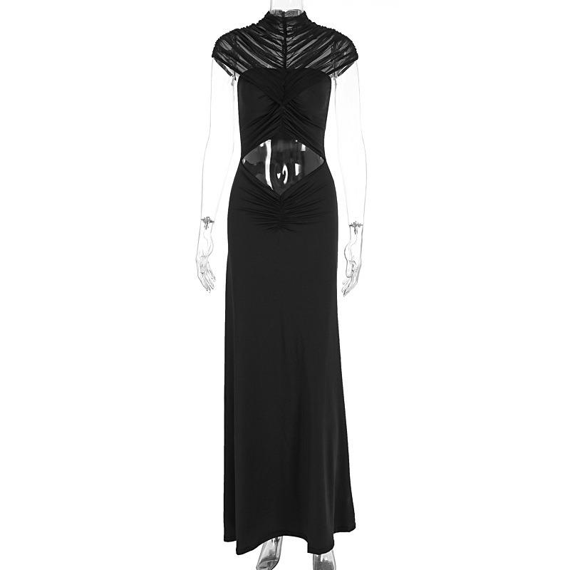 Women's Long Dress Temperament Elegant Round Neck Mesh Pleated Navel Dress
