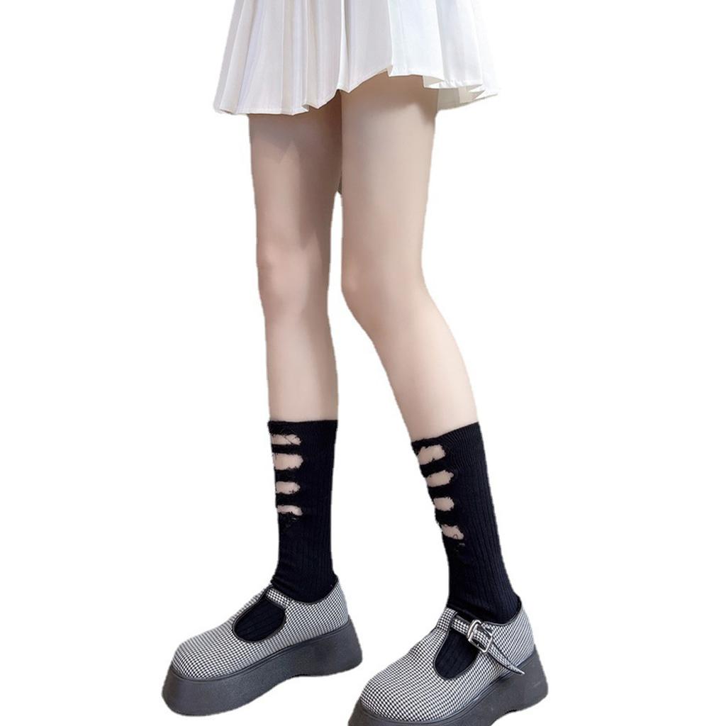 Women Ripped Socks Solid Color Hip Hop Skateboard Streetwear Calf High Hosiery