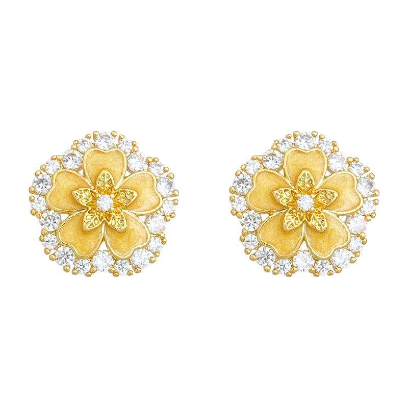 18K Gold Enamel Drip Glaze Zircon Flower Stud Earrings - Elegant, Luxurious Design for Women
