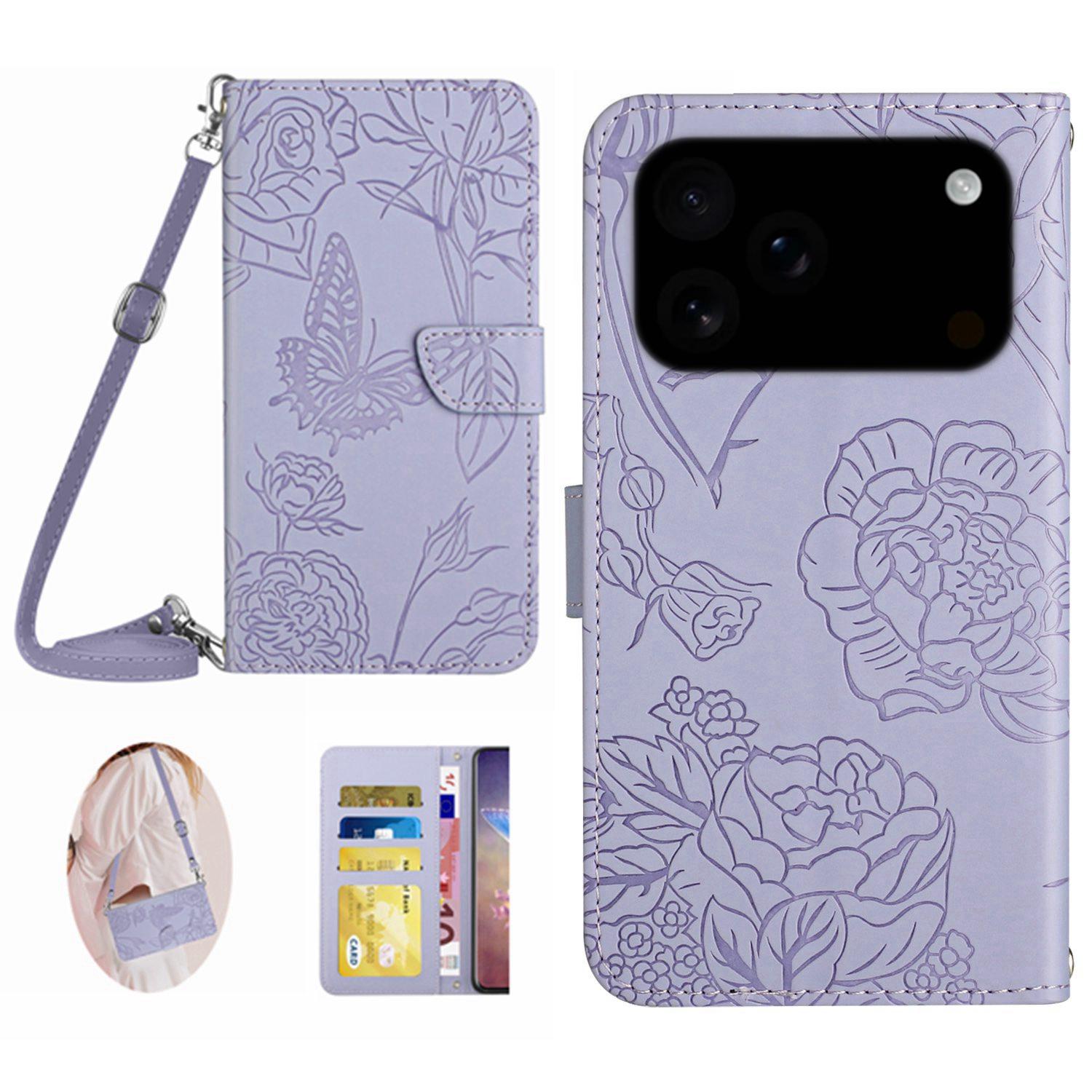

For iPhone 17 Pro Max Case Butterfly Flower Imprint Leather Phone Cover with Shoulder Strap Purple