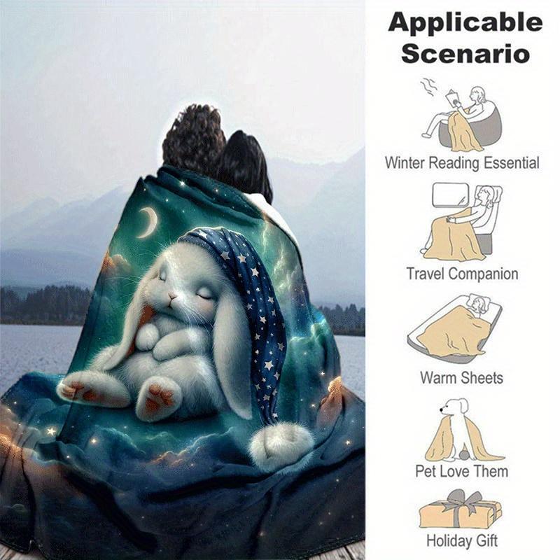 1pc Rabbit Printing Lightweight Flannel Blanket, Comfortable and Warm Blanket, for Camping Sofa Bed and Couch Office, in All Seasons