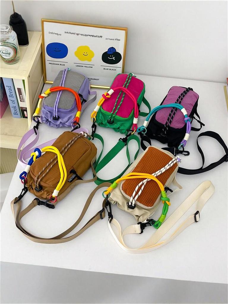 Women's Nylon Color Block One-Shoulder Crossbody Bag with Woven Lanyard, Lightweight and Stylish.
