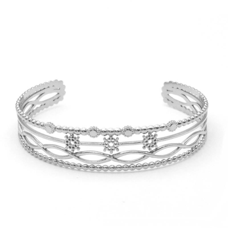 Stainless Steel Wheat Shaped Bracelet Geometric Hollow Open Bangle for Women Anniversary Gift Couples Adjustable Jewelry
