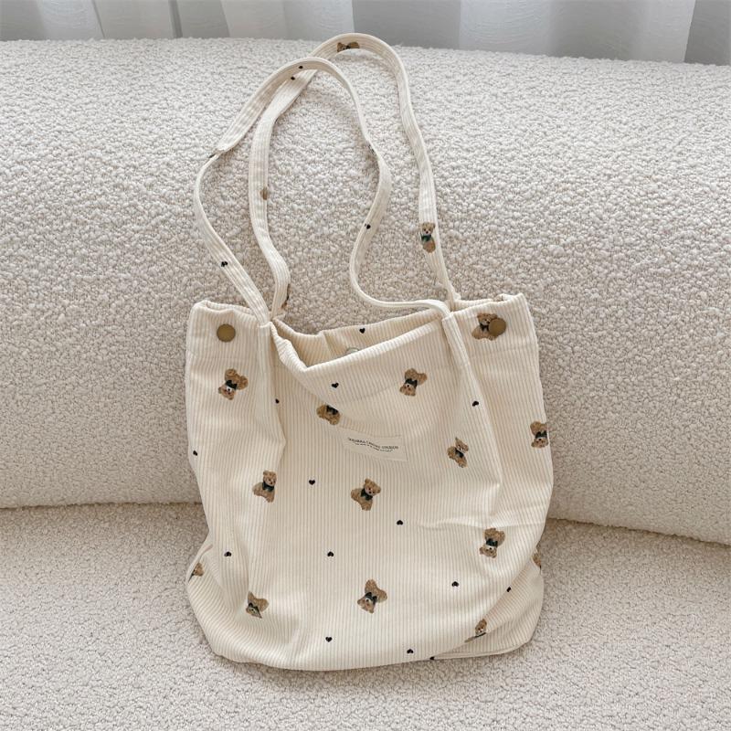 9 Corduroy Cartoon Printed Bear Large Capacity Portable Shoulder Bag Student Class Armpit Bag