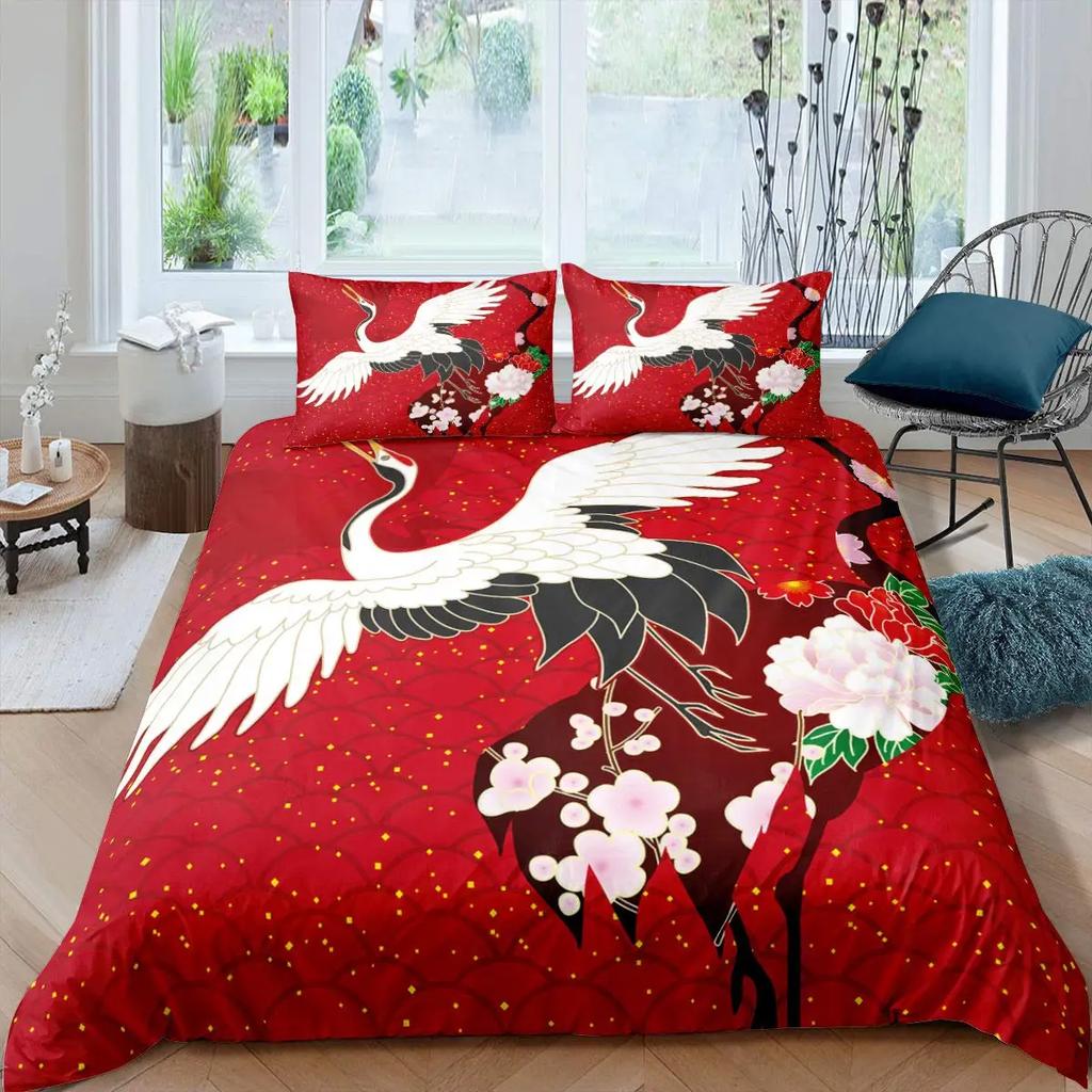 Japanese Style Crane Soft Duvet Cover Set Ful Sized Dimensions,Exotic Red Sun Sea Waves Beding Sets,Vintage Ukiyoe Traditional Warm Comforter Cover