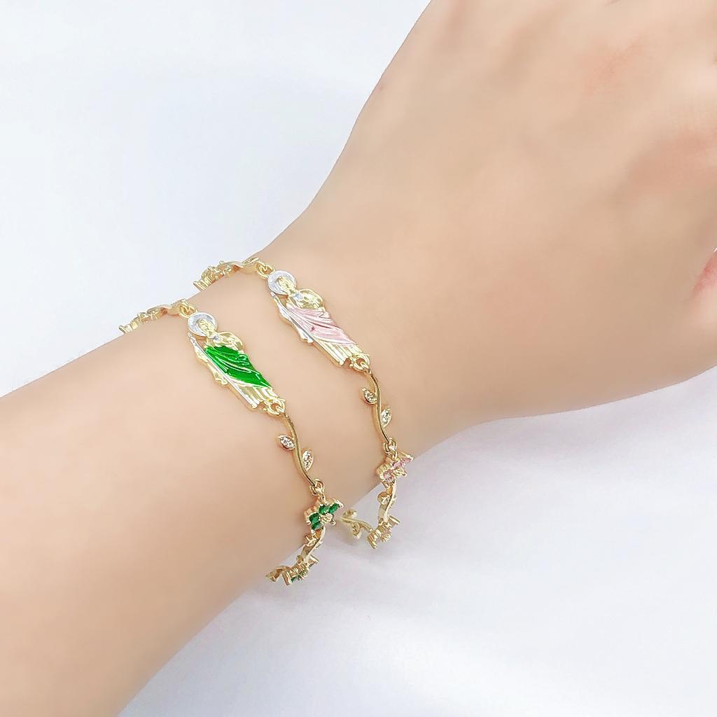 New Arrivals Pink Green Enamel Art St. Jude Rhinestone Flower Chain Bracelet Classic for Women Girl Party Religious Jewelry Gift