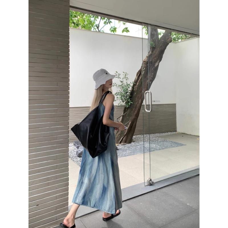 Summer New Smudged Denim Suspender Dress Women's Summer Design Sense Niche Temperament Thin Straight Dress