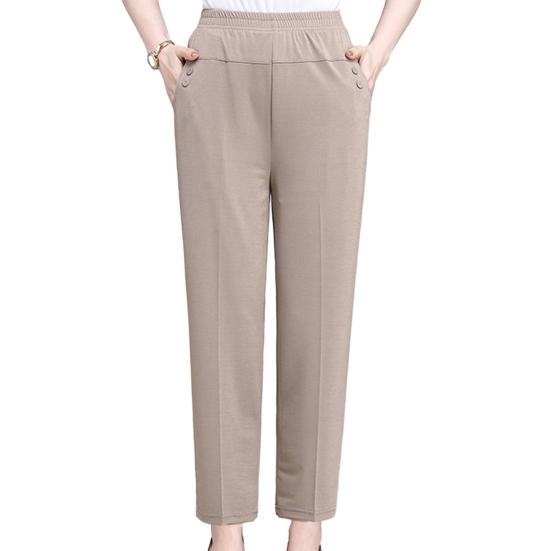 

High Waist Elastic Waistband Women Pants Button Decoration Pockets Thin Office Lady Straight Wide Leg Trousers 2XL абрикосовий