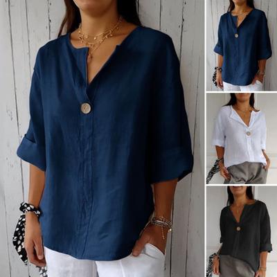 Women Shirt V-Neck Button Decor 3/4 Sleeve Pullover Tops Loose Fit Basic Neckline Solid Color Summer Shirt Tops