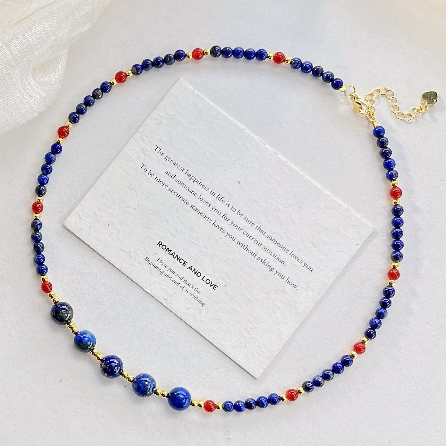 4Mm Retro Natural Lapis Lazuli Chalcedony Collarbone Chain Necklace