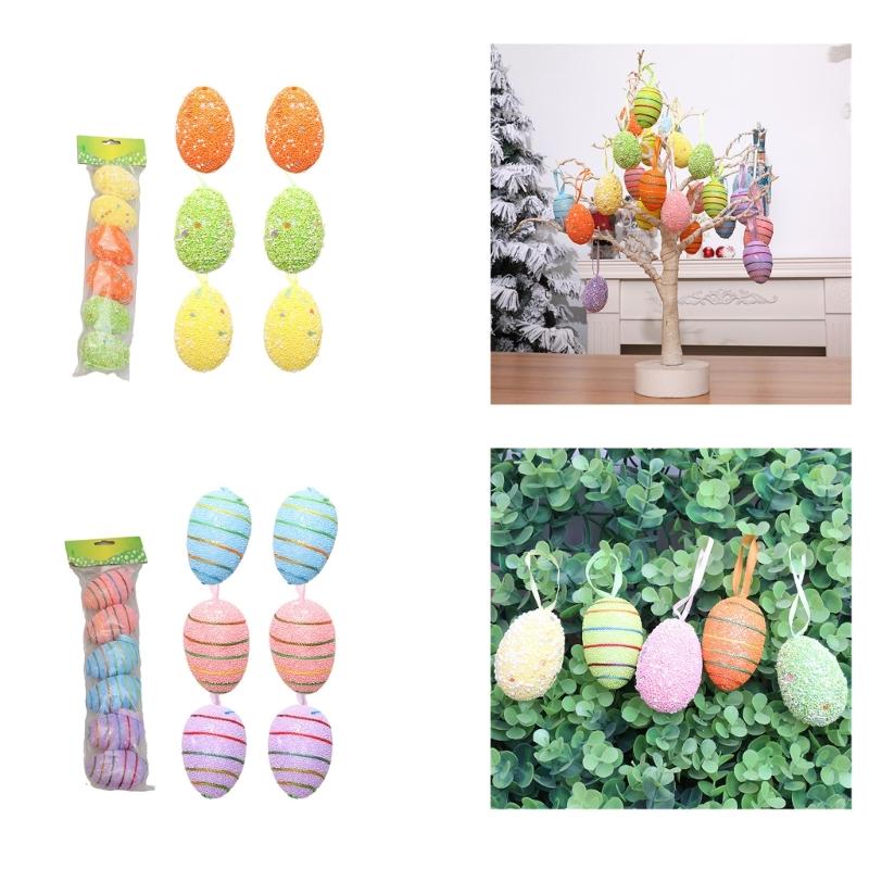 6PCS Set Easter Decorations Ornaments Bright Color Striped Foames Eggs Decorations for Easter Holiday Occasion