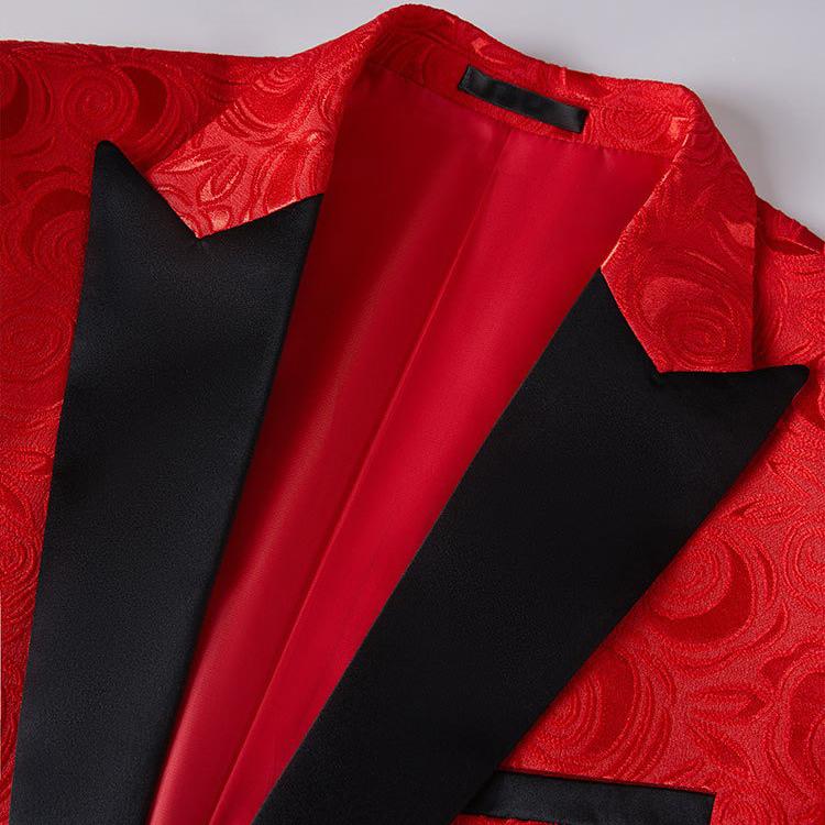 Mens Red Blazer Luxury Rose Patterned Jacquard Suit Jacket