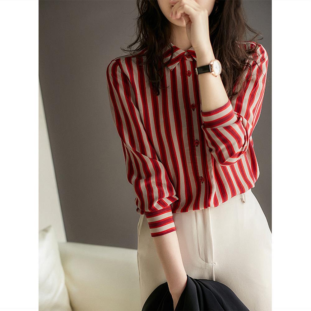2025 Women's High-End Red Striped Shirt for Spring and Autumn: Elegant Niche Design