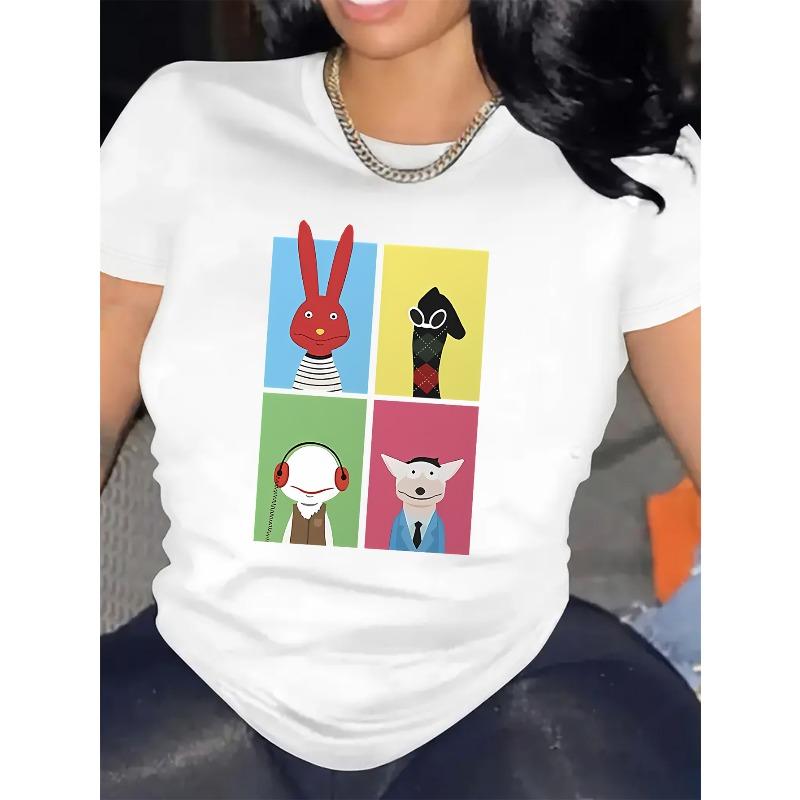 Fashionable Round-Neck Short-Sleeve T-Shirt for Women with Cartoon Print Design S белый