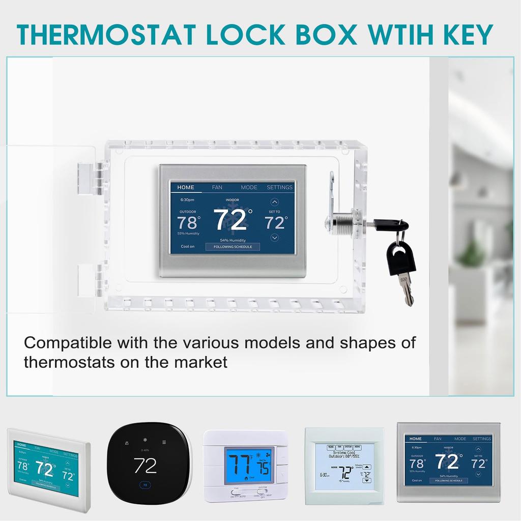 Thermostat Protective Cover Thermostat Lock Box Clear Acrylic Screw or Tape Installation with 2 Keys for Commercial Industrial