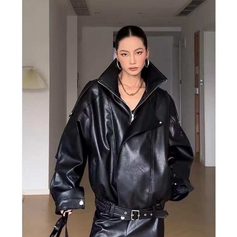 Women's American Retro Coffee Leather Motorcycle Jacket (Autumn 2024) - Short, Loose, Slimming Design