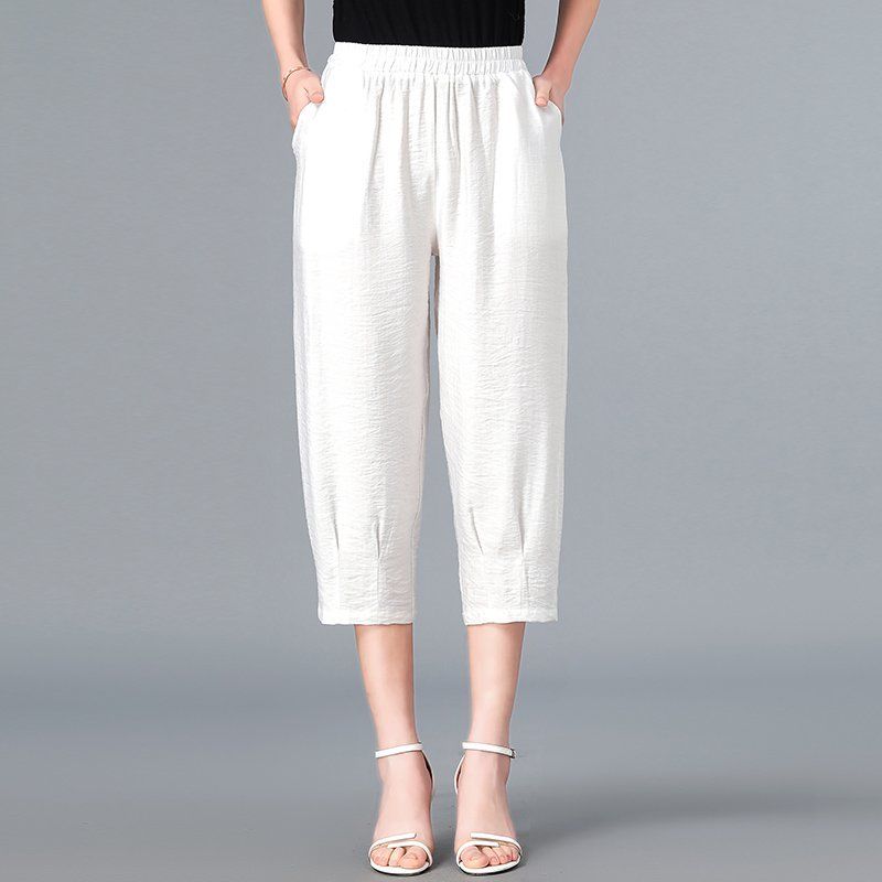 

Летние хлопчатобумажные брюки-семь точек для мам с эластичной талией и высокой посадкой для женщин старшего возраста, льняные брюки 3XL белый