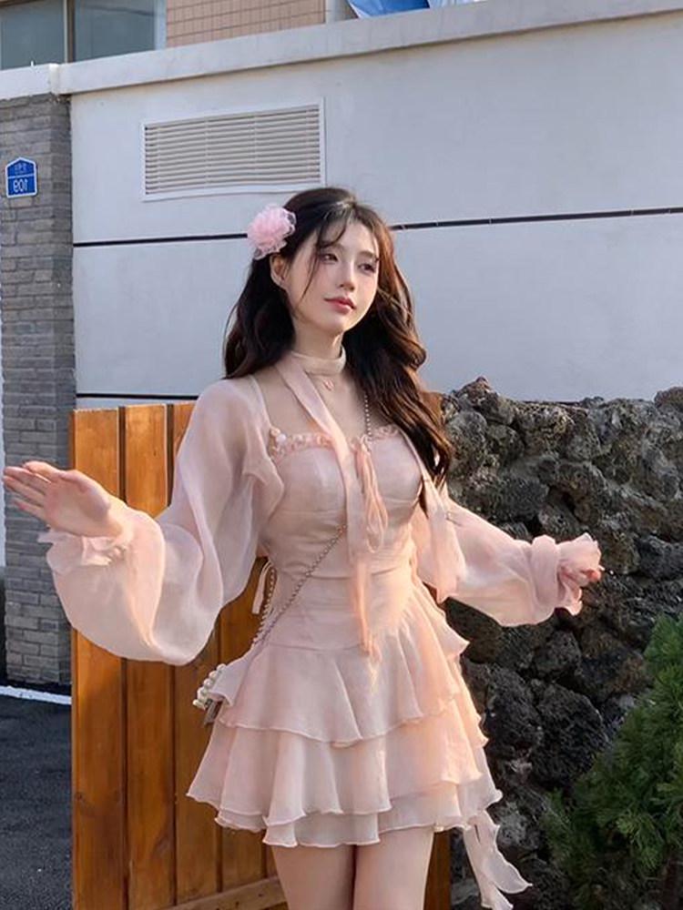 

Chiffon Camisole Dress & Cardigan Set - Women s Slim-Fit, Cinched Waist, Spring/Summer Style Medium
