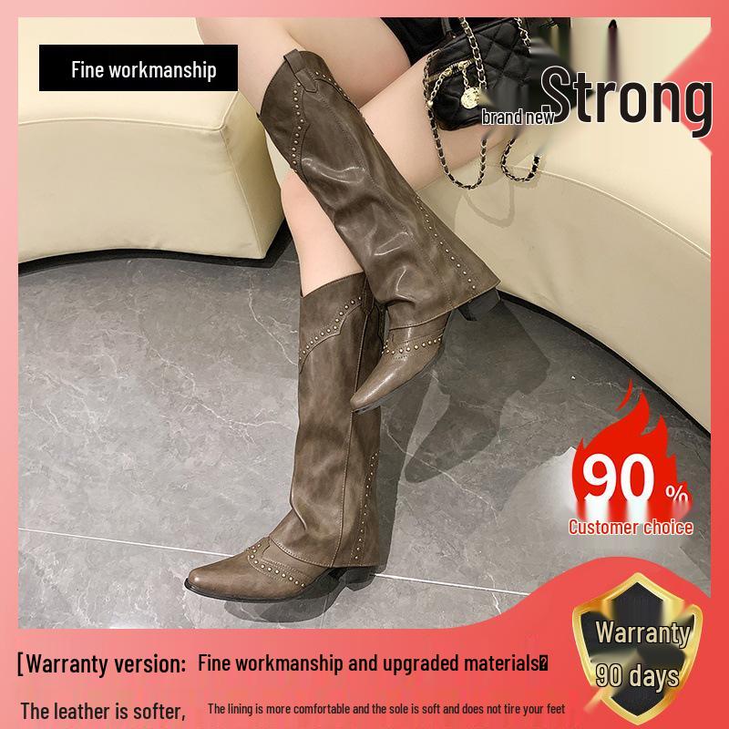 Damen Retro Cowboy Stiefel mit spitzer Zehenpartie - Herbst/Winter 2025 Klobiger Absatz, Kniehoher Reiterstil