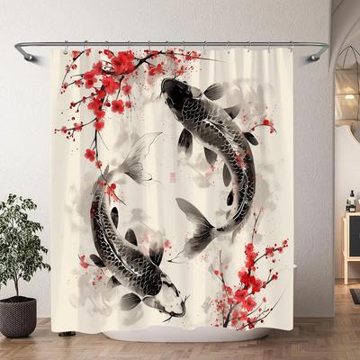 Tenda da Doccia Pittura a Inchiostro Koi Cinese Giapponese Fiori di Ciliegio Rossi Onda Pesci Pittura ad Acquerello Tende da Bagno Decorazione Bagno
