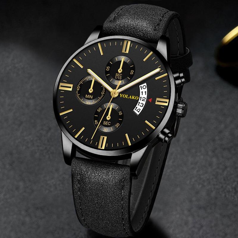 2-teiliges Set Herrenmode-Uhren Herren Neue Luxus-Leder-Kalender-Quarz-Uhren & Schwarze Leder-Geldbörse Herren-Geschenke Beste Wahl