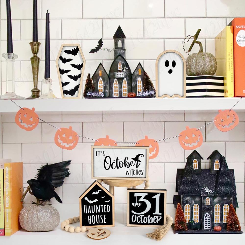 6Pcs Halloween Tiered Tray Decor Set Cute Wooden Sign Ghost Witches October 31Sign Bead Garland Halloween Theme Party Home Decor