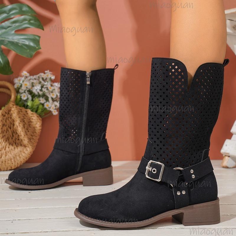 Vintage Metal Belt Buckle Black Brown Mid-Calf Boots Women 2025 Autumn Bohemia Hollow Out Brown Suede Boots Retro Cowboy Shoes