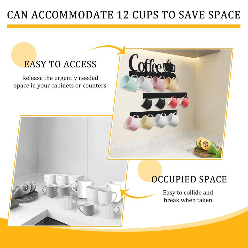 Metal Coffee Mug Holder Tea Cup Wall Hanger Decorative Wall Mounted Mug Rack With 12 Hooks Rust Proof for Coffee Bar Kitchen New