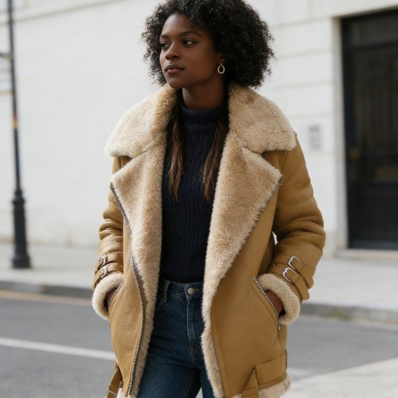 Women's Biker Deerskin Lamb Wool Fur Coat