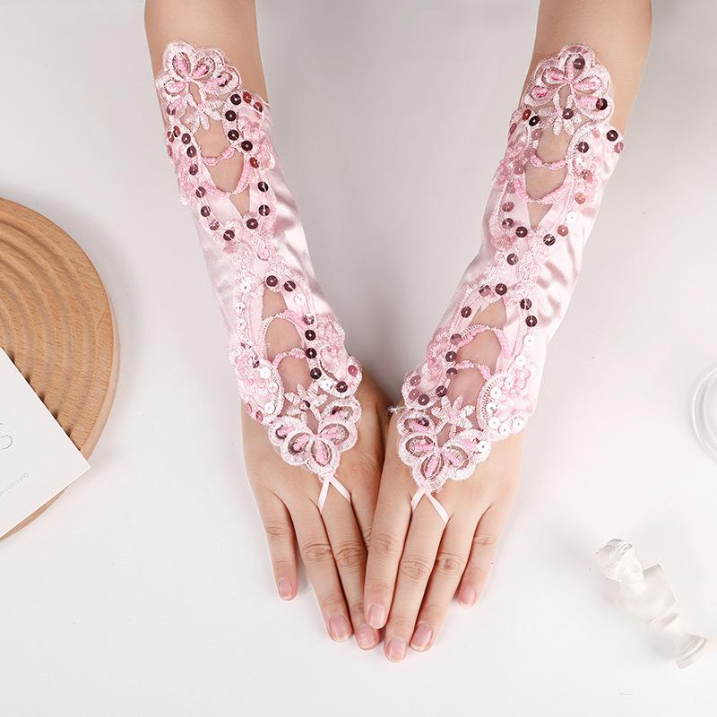 Satin Embroidery Hollow Out Beaded Gloves For Wedding Dresses Sequins Fingerless Wedding Accessories Elegant Bridal Gloves