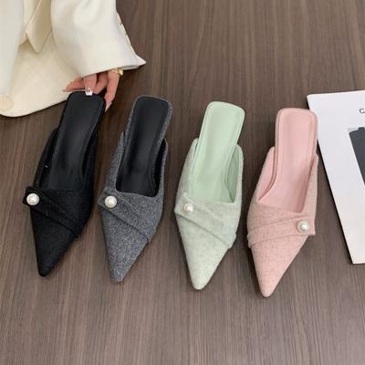 Coarse Heel French Temperament Small Fragrant Bag Head Half Slippers Women's Shoes Wear 2025 Spring and Summer Pointed Head Half Support Single Shoes