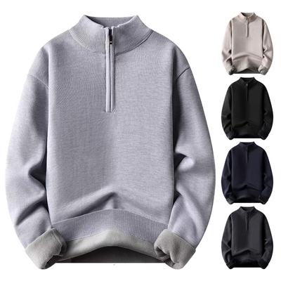 Men's Casual Solid-color Semi-zipper Knitted Sweater , Semi-high-neck Long-sleeved Warm Pullover Sweater