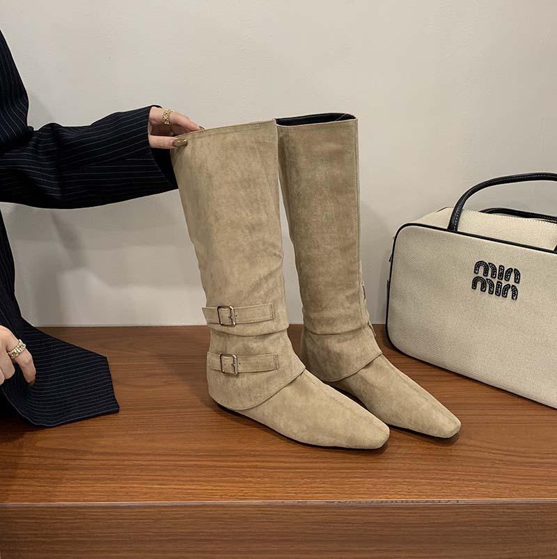 

2025 autumn and winter new pointed but knee belt buckle wedge heel middle heel boots high heel boots brown velvet 40 хакі