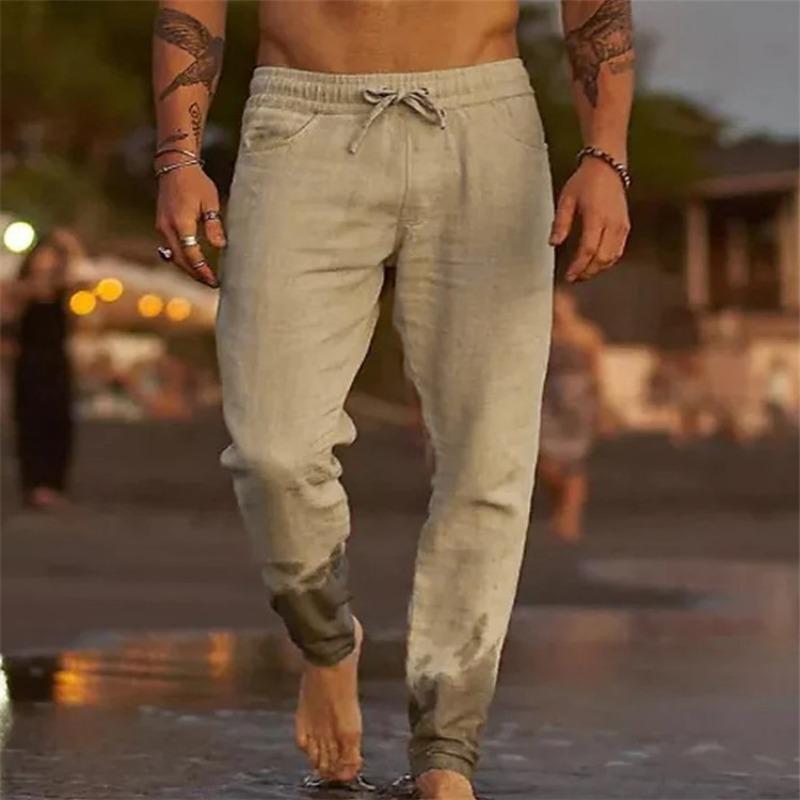 Calças Jogger de Linho Masculinas Cintura Elástica Cordão Calças Casuais