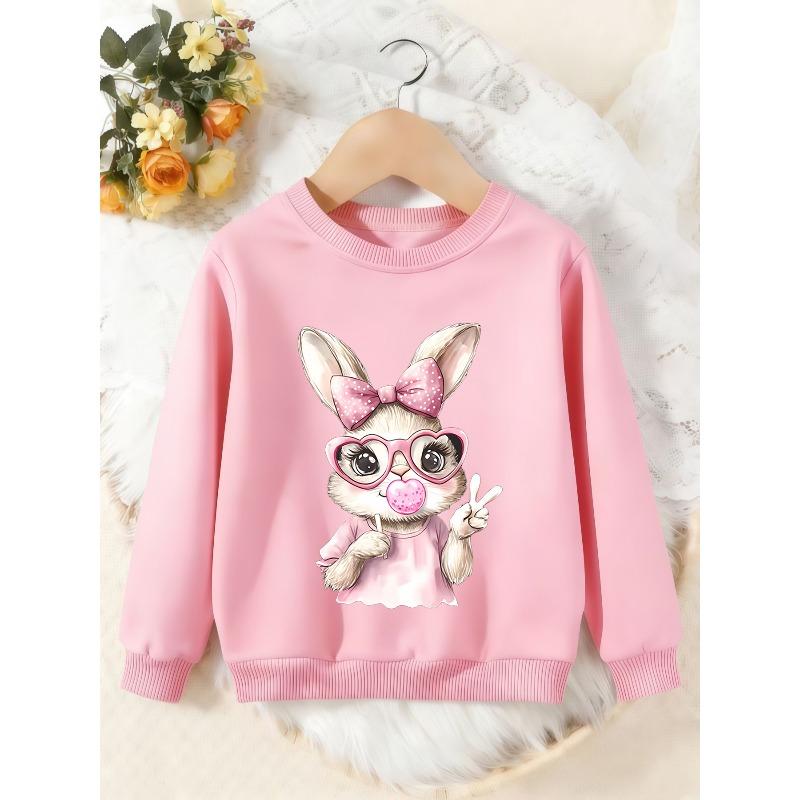 Unisex Kids Crewneck Sweatshirt, Cute Pink Bow Bunny Heart Glasses Peace Sign Print Pullover, Boys Girls Easter Sweatshirt For Kids Over 4 Years Old