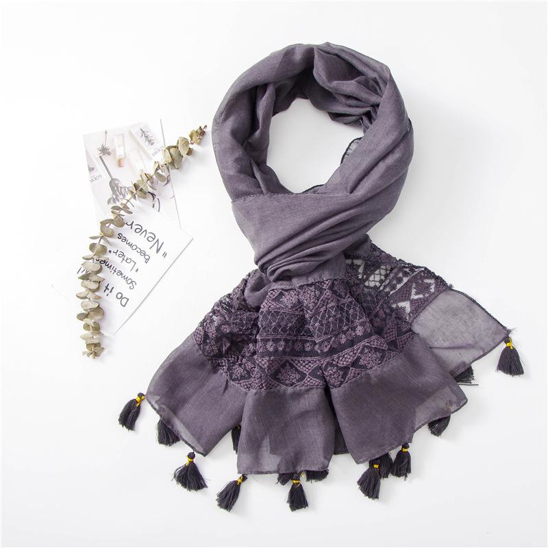 2024 Four Seasons Women'S Refreshing Literary Solid Color Elegant Scarf Lace Splicing Embroidered Silk Scarf Sunscreen Shawl Air Conditioning Scarf