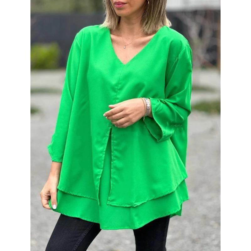 Frühling und Herbst Damen Plus Size Shirt Einfarbig V-Ausschnitt Casual Top