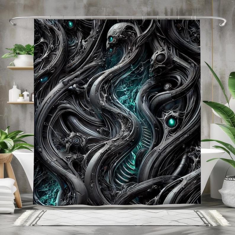 Киберпанк Занавеска для душа - Футуристический Sci-Fi Декор, Темный Техно Инопланетный Дизайн, Водонепроницаемая Ткань, Готическая Индустриальная Эстетика W90XH180cm