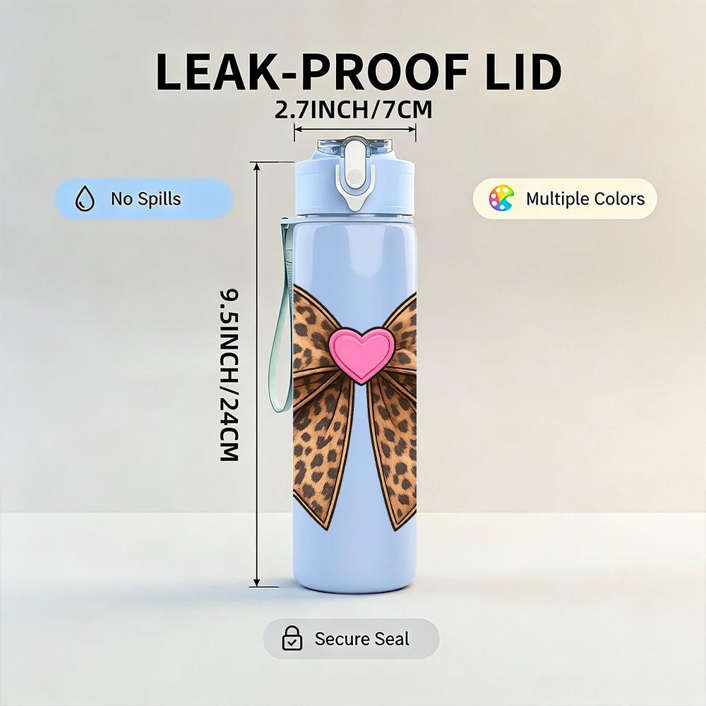 1PC Leopard Bow Pink Heart 750ml Color Plastic Sports Water Bottle Leakproof Flip Straw Lid Suitable for Sports Office Home Use