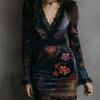 European and American Cross-Border 2025 New Style V-Neck Lace-Trimmed Printed Long-Sleeve Dress, Sexy Waist-Cinching Bodycon Short Dress