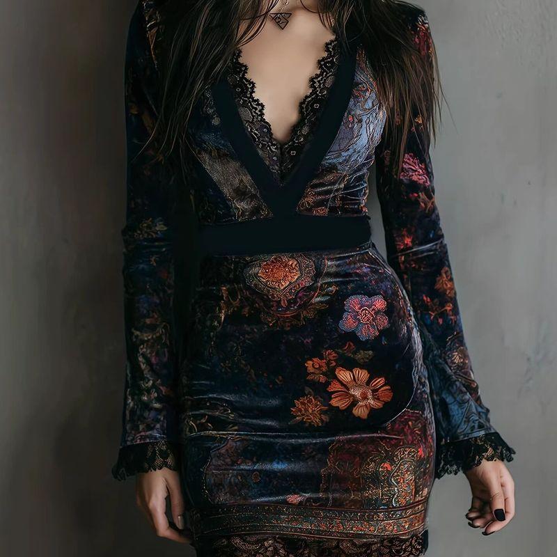 European and American Cross-Border 2025 New Style V-Neck Lace-Trimmed Printed Long-Sleeve Dress, Sexy Waist-Cinching Bodycon Short Dress