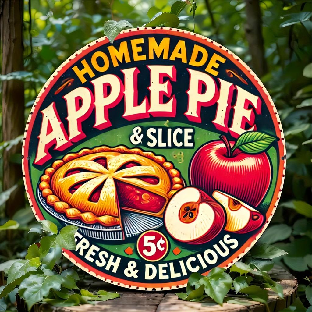 2D Flat, Vintage Apple Pie Round Wall Art, Aluminum Sign, Perfect for Restaurant, Bathroom, Bedroom, Mother's Day, New Year