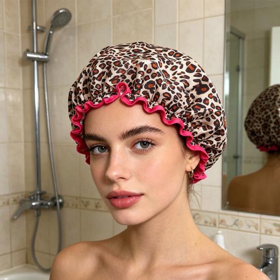 Shower Cap Leopard Zebra Dot Printing Double Layer Protection Waterproof Hair Hat with Elastic Band Makeup Shower Hat