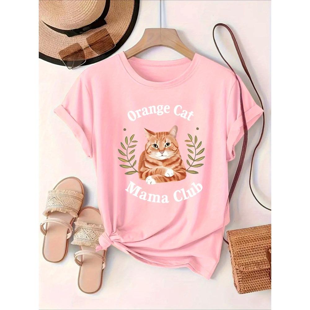 

Cute Orange Tabby Cat Club Printed Summer T-shirt Top for Women Round Neck Short Sleeved Comfortable Casual Women s Clothing S