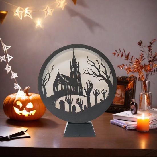 Halloween LED Lantern Wooden Desktop Light Witch Pumpkin Spider Cat Designs Silhouette Ornament Spooky Tabletop Home Party Decoration