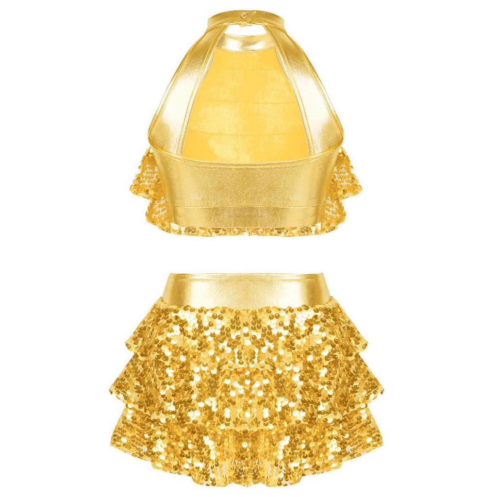 Girls Shiny Dance Set Sleeveless Round Collar Backless Shiny Sequins Tiered Crop Top Elastic Waistband Skirt
