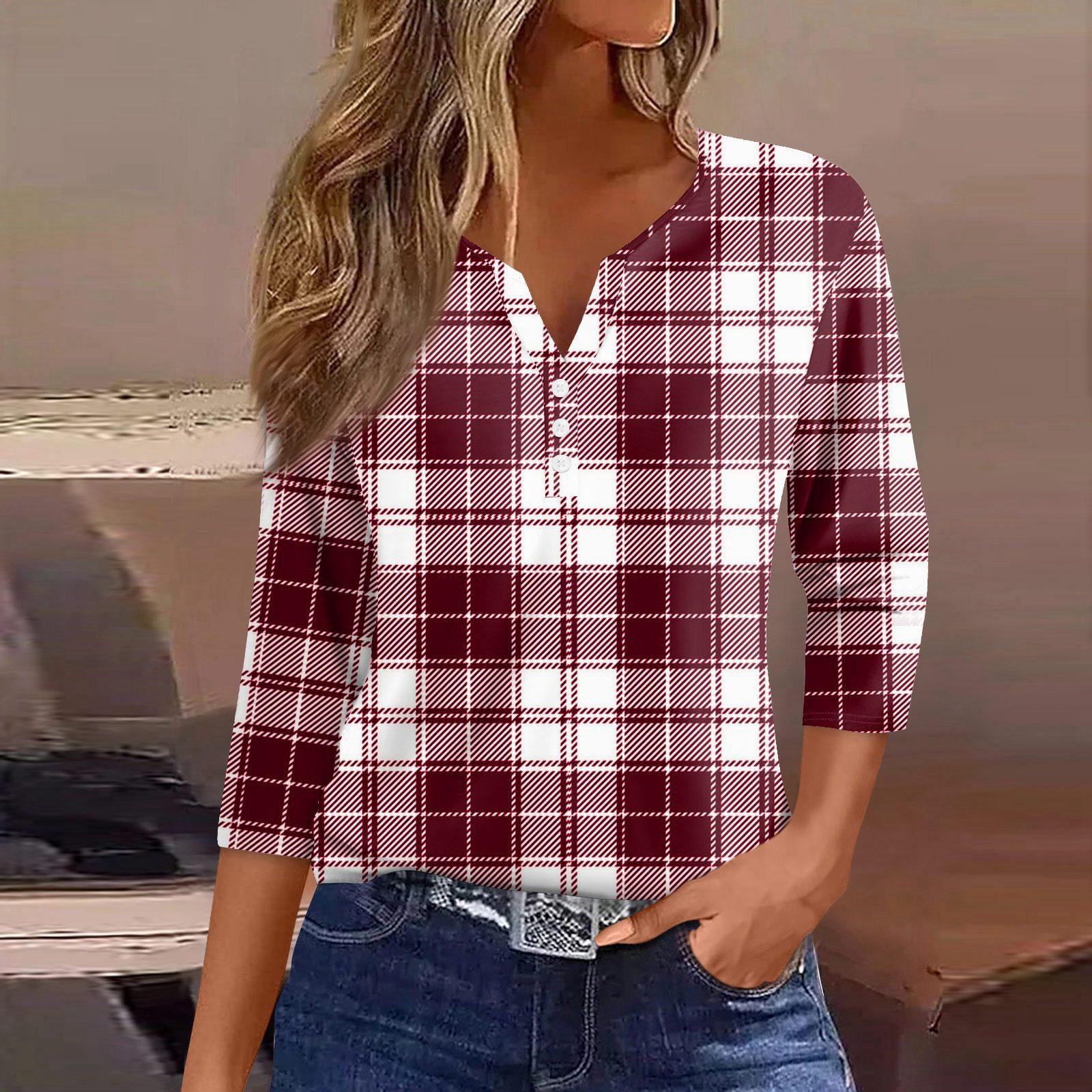 

Женская футболка, футболка, принт, пуговица, рукав 3/4, туника, повседневная, выходная мода, базовая, V-образный вырез, обычный топ XL винный