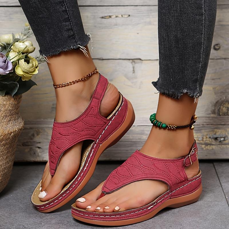 Thone-Keilsandalen für Damen, einfarbige Slingback-Schuhe mit offenem Zehenbereich und Knöchelschnalle, lässige Retro-Schuhe