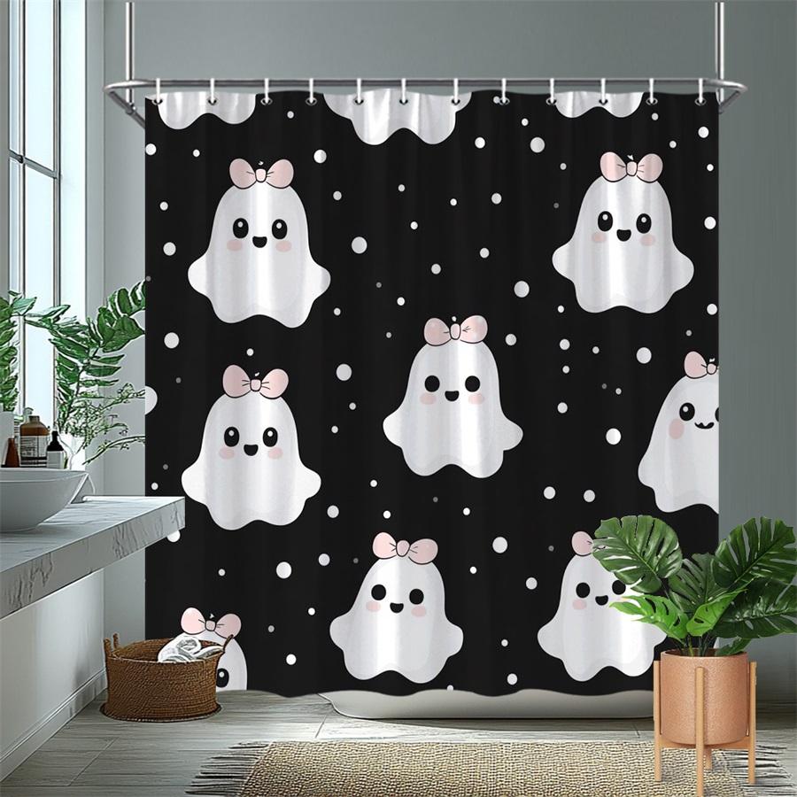 1Pc Cute Ghost Pattern Shower Curtain With Hooks, Polyester Fabric, Machine Washable, Perfect For Bathroom Decor.