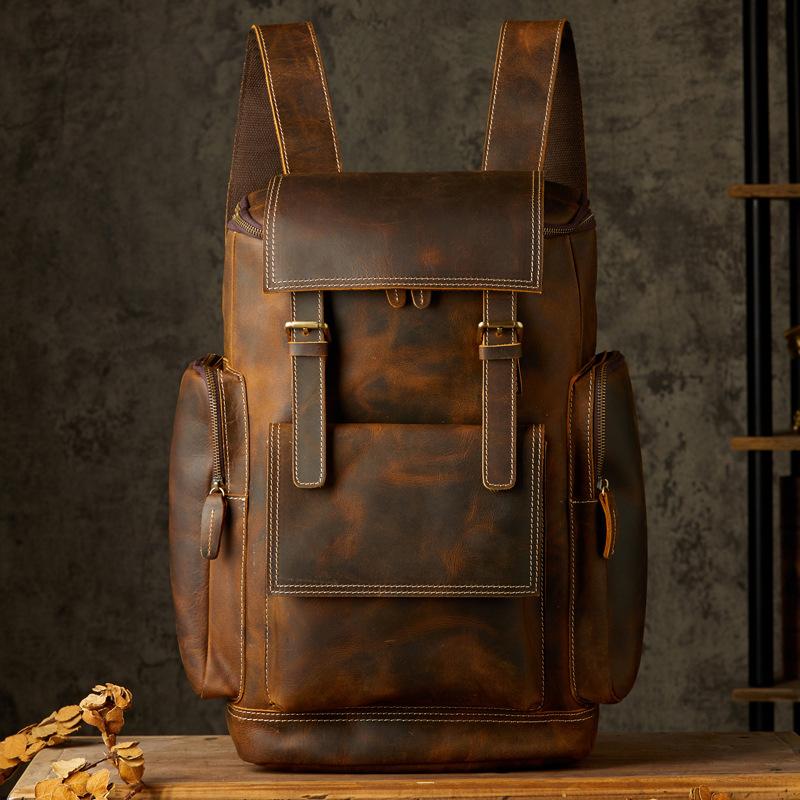 Genuine Leather Bag Handmade Cowhide Backpack Men's Large-capacity Motorcycle Men's Bag Cycling Travel Leather Bag Tide Brand Computer Backpack